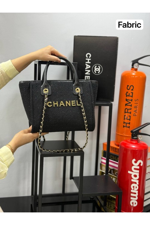 CHANEL ZİNCİRLİ KUMAŞ EL VE OMUZ ÇANTASI -  SİYAH PARILTILI